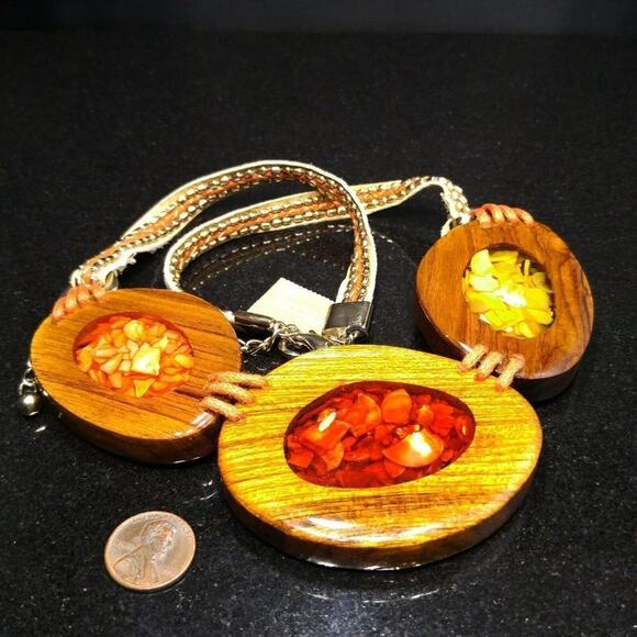 Chico's Wooden Clear Resin Leather Necklace, 25 Inches, New With Tags - Picture 2 of 8